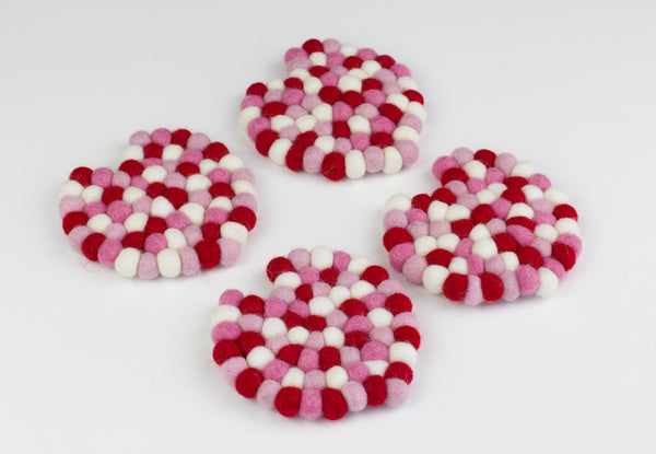 Valentine's Heart Felt Coasters- Set of 4 or 6- Red and Pink
