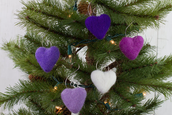 Valentine's Day Heart Ornaments- SET OF 5- Purple, White