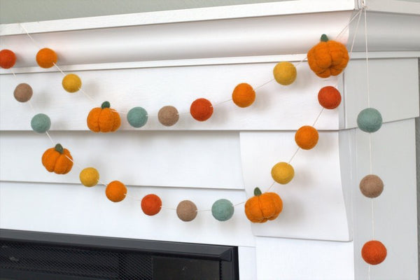 Felt Pumpkin Garland- Orange, Teal, Golden- Fall Autumn Halloween Thanksgiving Decor