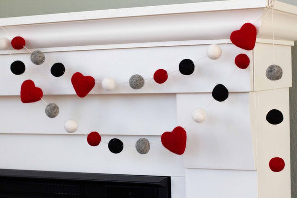 Valentine's Day Buffalo Plaid Garland- Red, Black, Gray & White Felt Ball & Heart Garland