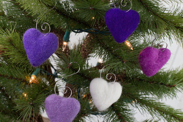 Valentine's Day Heart Ornaments- SET OF 5- Purple, White