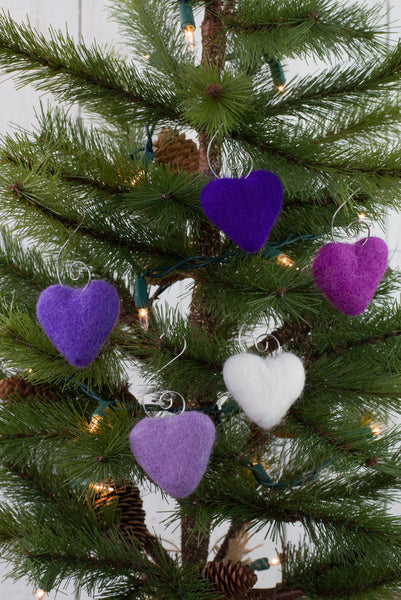 Valentine's Day Heart Ornaments- SET OF 5- Purple, White