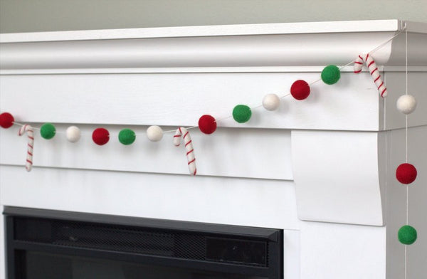 Candy Cane Garland Decor- Christmas Holiday Felt Balls- Kelly Green, Red, White