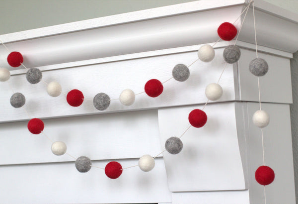 Felt Ball Garland- Red, Gray, White Felt Ball- Holiday Christmas Valentine's Day Decor