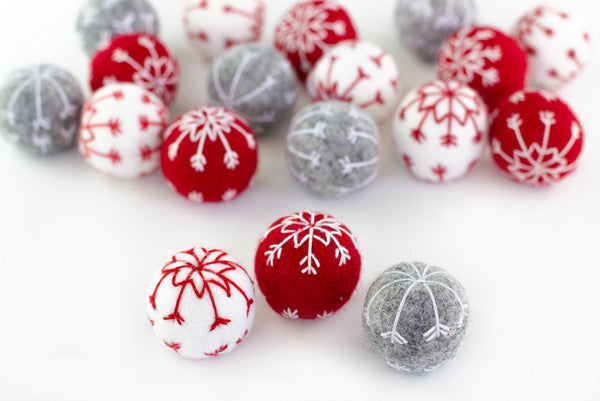 Snowflake Felt Balls- Red Gray White