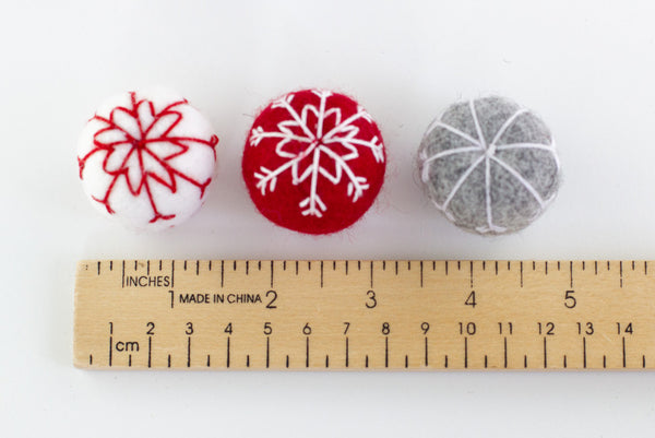 Snowflake Felt Ball Ornaments- Red, Gray, White