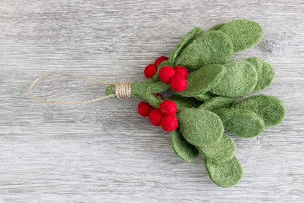 Christmas Mistletoe Sprig- Green with Red Berries, Hanging Twine
