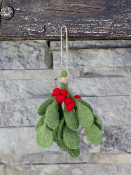 Christmas Mistletoe Sprig- Green with Red Berries, Hanging Twine