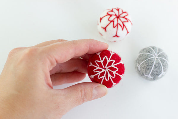 Snowflake Felt Ball Ornaments- Red, Gray, White