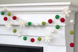 Snowflake Garland Decor- Kelly, Lime Green, Red & White- 100% Wool Felt- Eco-Friendly