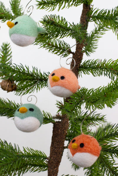 Bird Tree Ornaments- SET OF 4- Teals & Peach Chicks