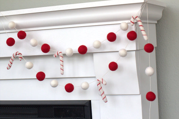 Candy Cane Garland Decor- Christmas Holiday Felt Balls- Red & White- 100% Wool Felt