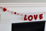 Valentine's LOVE Garland- 6 ft String, 26 Shapes- Red, Pink, White- Dots & Swirls- 1" Felt Balls, 1.75" Hearts, 2" Letters