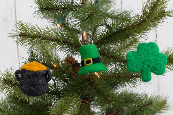 St. Patrick's Day Ornaments- SET OF 3- Shamrock, Pot of Gold, Leprechaun Hat