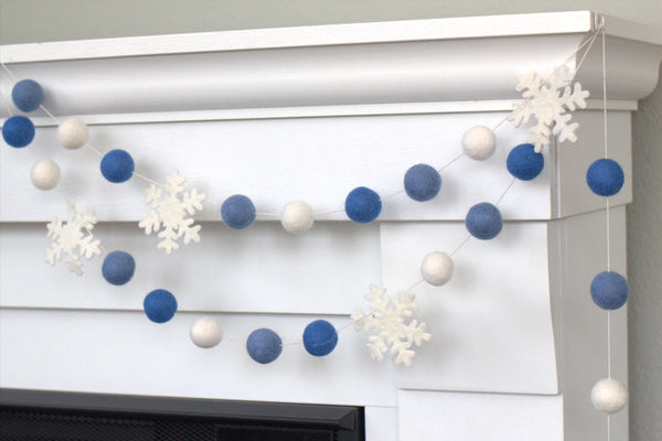 Snowflake Garland Decor- Shades of Blue- 100% Wool Felt- Eco-Friendly