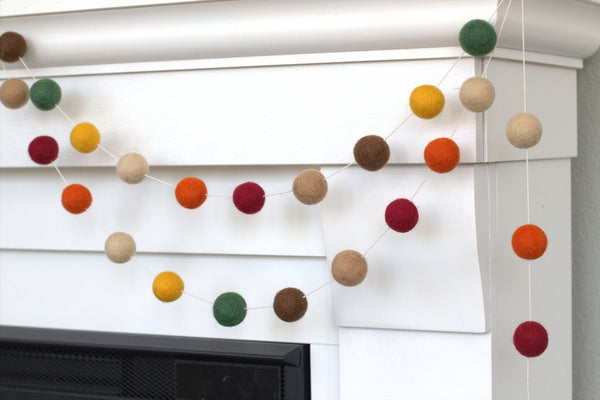 Felt Ball Garland- Burgundy, Forest Green, Orange, Brown