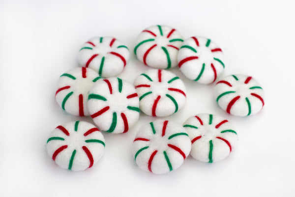 Peppermint Felted Shapes- Green & Red- Christmas Winter Peppermint Patty Candy- 100% Wool Felt