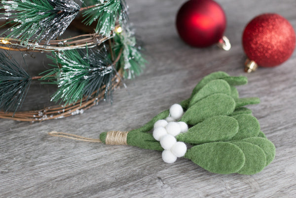 Christmas Mistletoe Sprig- Green with White Berries, Hanging Twine