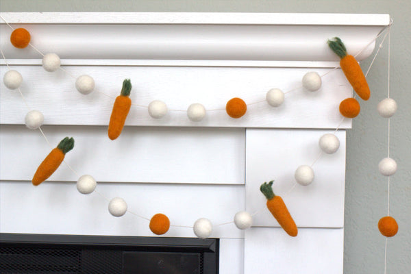 Felted Carrot Garland- Orange Carrots & White Felt Balls- Easter Spring Decor