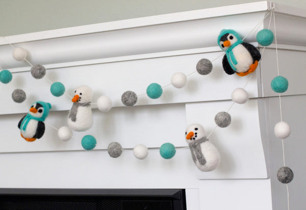 Snowman & Penguin Christmas Garland- Turquoise & Gray