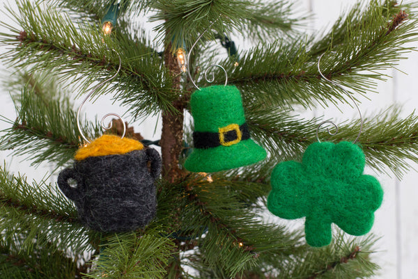St. Patrick's Day Ornaments- SET OF 3- Shamrock, Pot of Gold, Leprechaun Hat