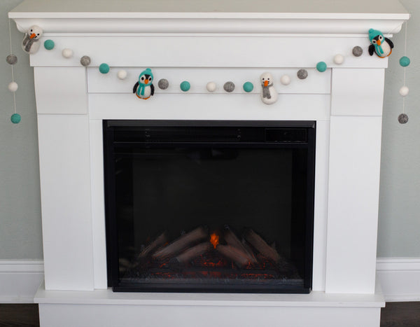 Snowman & Penguin Christmas Garland- Turquoise & Gray