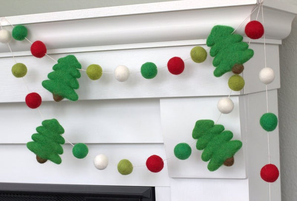 Christmas Tree Garland Decor- Felt Balls- Red, Kelly Green, Lime & White- KELLY GREEN Trees