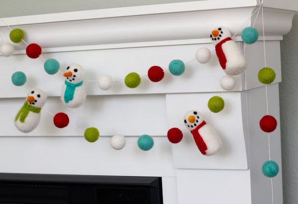 Snowman Christmas Garland- Red Green Turquoise