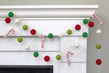 Candy Cane Garland Decor- Christmas Holiday Felt Balls- Lime, Kelly Green, Red, White