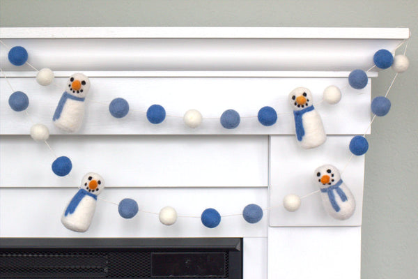Snowman Felt Garland- Winter Blues Snowmen & Felt Snowballs - Christmas Holiday Winter Decor