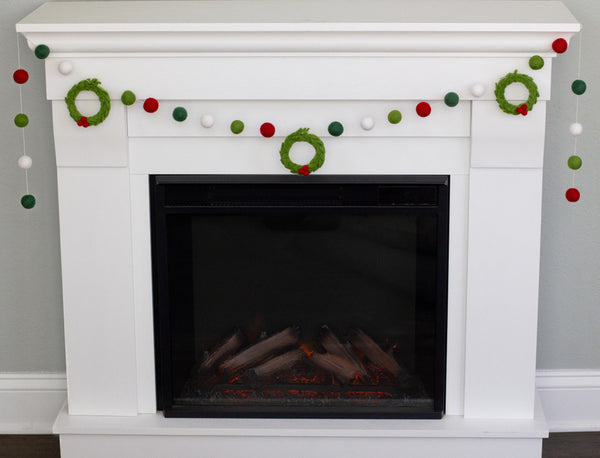 Christmas Wreath Felt Garland- Red, Shades of Green, White