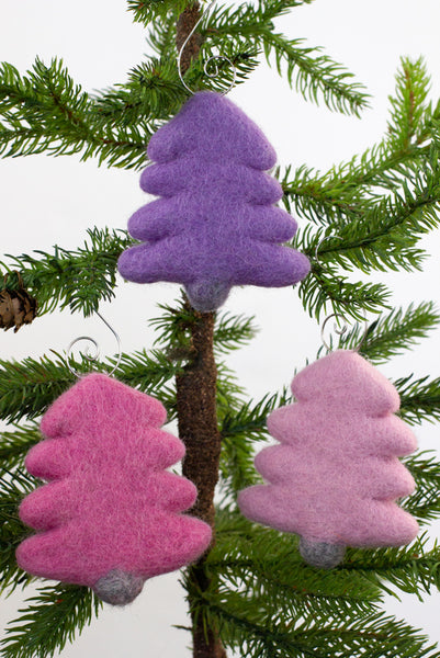 Felt Christmas Tree Ornaments- SET OF 3- Pink, Purple