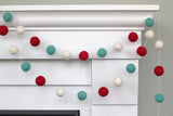 Christmas Felt Ball Garland- Red Turquoise White- Holiday Decor