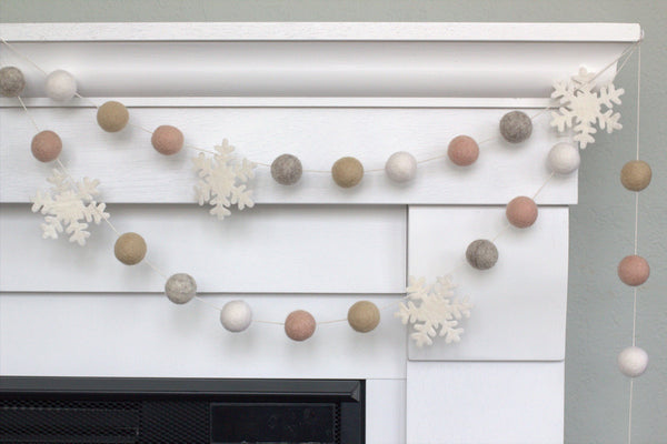 Snowflake Garland- Pink Tan Gray White- Christmas Winter Decor