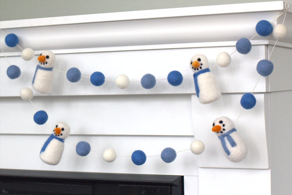 Snowman Felt Garland- Winter Blues Snowmen & Felt Snowballs - Christmas Holiday Winter Decor