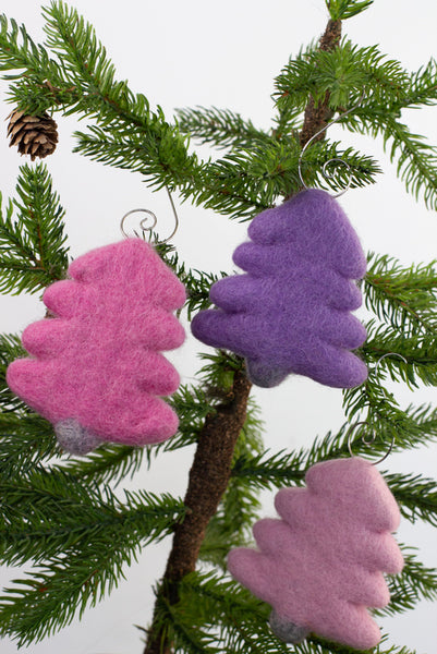 Felt Christmas Tree Ornaments- SET OF 3- Pink, Purple