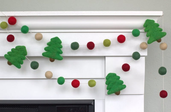 Christmas Tree Felt Garland- Shades of Reds & Greens- 100% Wool Felt