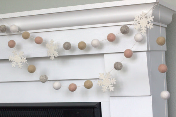 Snowflake Garland- Pink Tan Gray White- Christmas Winter Decor