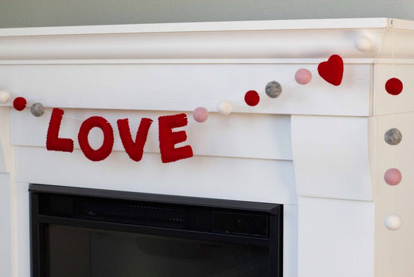 Valentine's LOVE Garland- 6 ft String, 26 Shapes- Red, Pink, Gray, White- 1" Felt Balls, 1.75" Hearts, 2" Letters