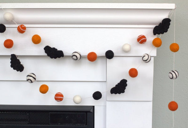 Felt Bat Halloween Garland- Orange & Black, Swirls & Dots