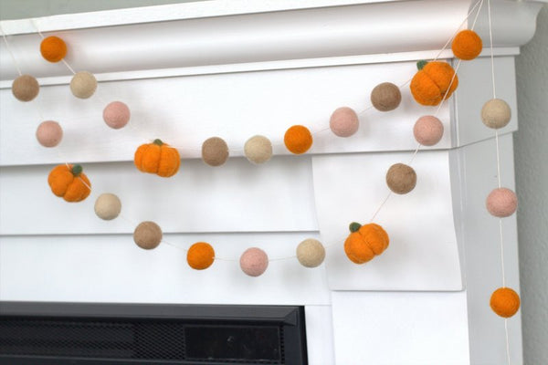 Felt Pumpkin Garland- Pale Pink, Orange, Tan- Felt Balls & Light Orange Pumpkins- Fall Autumn Halloween Thanksgiving Decor