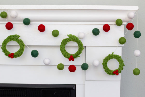 Christmas Wreath Felt Garland- Red, Shades of Green, White