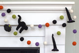 Halloween Decor Garland- Witch Hat, Cauldron, Black Cat- Purple Green Black Orange White- Fall Autumn Trick or Treat- 1" Felt Balls- 100% Wool