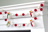 Snowman Felt Garland- Red & White Snowmen & Felt Balls - Christmas Holiday Winter Decor