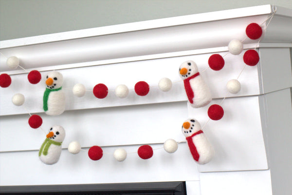 Snowman Felt Garland- Red & White Snowmen & Felt Balls - Christmas Holiday Winter Decor