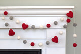 Valentine's Day Garland Decor- Red, Gray, White Felt Ball & Heart Garland