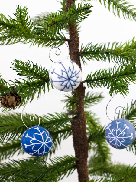 Snowflake Felt Ball Ornaments- Blue, White