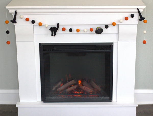 Halloween Decor Garland- Witch Hat, Cauldron, Black Cat- Black Orange White- Fall Autumn Trick or Treat- 1" Felt Balls- 100% Wool