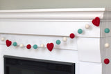 Heart Valentine's Day Garland- Turquoise, Red, White with Red Hearts- Wool Felt- Ecofriendly