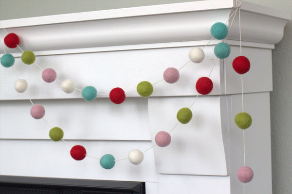 Christmas Felt Ball Garland- Red Turquoise Pink Lime White